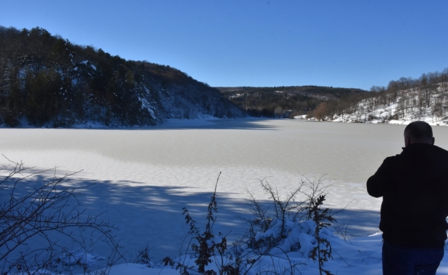 Küçükelmalı Tabiat Parkı'ndaki göletin yüzeyi buz tuttu