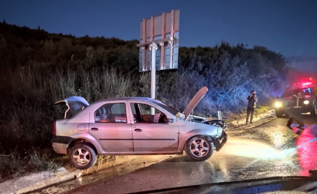 Kocaeli'de trafik levhasına çarpan otomobil alev aldı