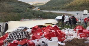 Bursa'da et taşıyan kamyon devrildi